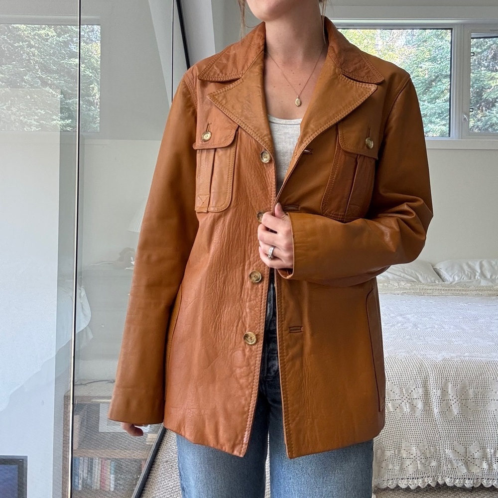 Vintage 100% leather cognac tan long line jacket small to medium euro 38 - Picture 3 of 17